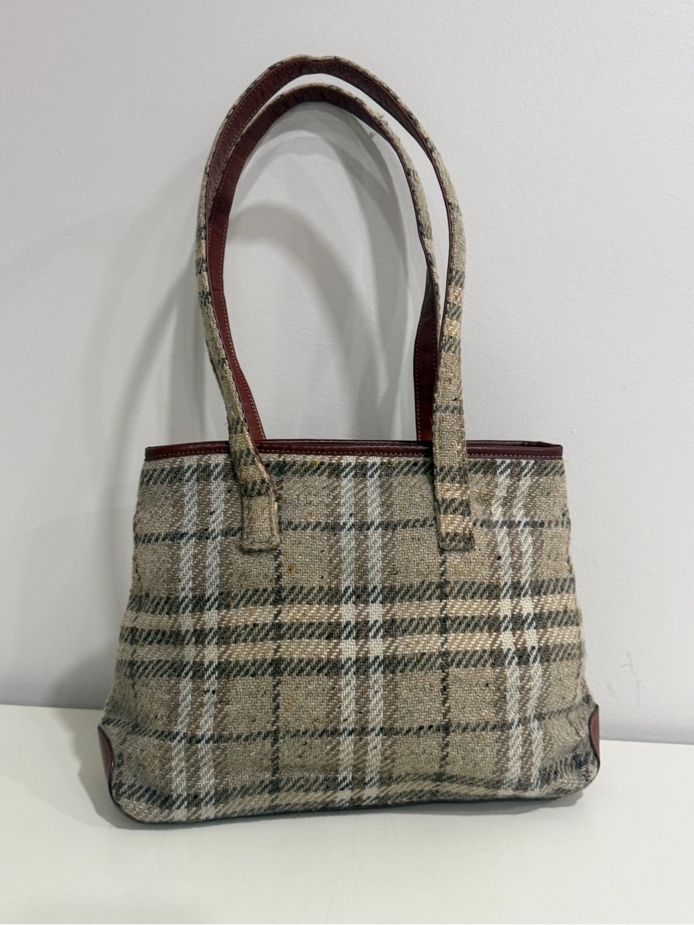 Burberry Plaid Tweed Tote Bag with Brown Trim